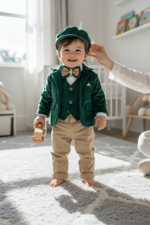 Baieti - Costum botez catifea, camasa, sepcuta,  papion, culoare verde  0-3 luni,  Gabrielle Bebe, GBR71/100