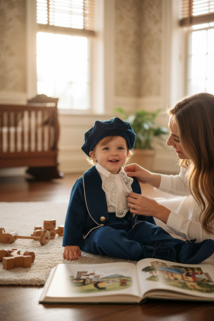 Produse - Costum botez inger, cu aripi inger detasabile, body, botosei, boneta, culoare bleaumarin 0-3 luni, Gabrielle Bebe, GBR34/100