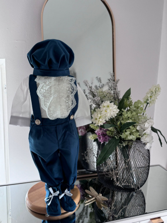 Produse - Costum botez inger, cu aripi inger detasabile, body, botosei, boneta, culoare bleaumarin 0-3 luni, Gabrielle Bebe, GBR34/100