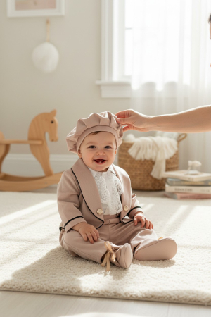 Produse - Costum botez inger, cu aripi inger detasabile, body, botosei, boneta, culoare crem 0-3 luni, Gabrielle Bebe, GBR28/100