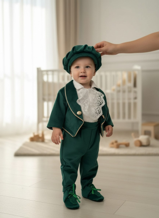 Produse - Costum botez inger, cu aripi inger detasabile, body, botosei, boneta, culoare verde 0-3 luni, Gabrielle Bebe, GBR31/100