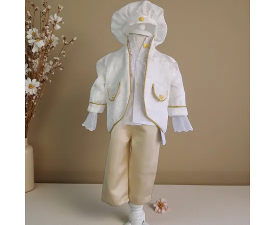 Baieti - Costum Botez Micul Marinar, basca, camasa, sacou, pantaloni, culoare alb 0-3 luni