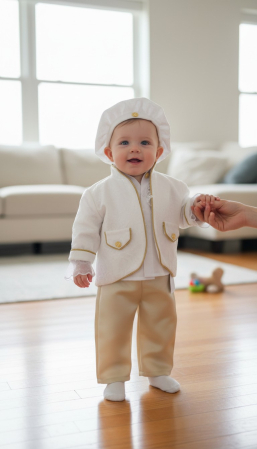 Baieti - Costum Botez Micul Marinar, basca, camasa, sacou, pantaloni, culoare alb 0-3 luni