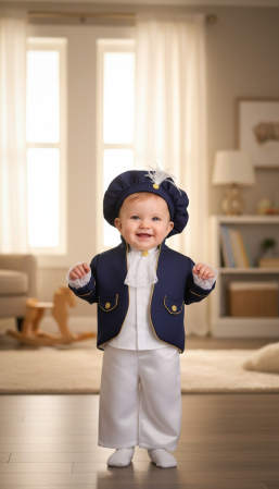 Baieti - Costum botez Micul Marinar, basca, camasa, sacou, pantaloni, culoare albastru 0-3 luni