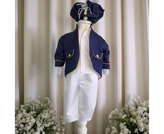 Baieti - Costum botez Micul Marinar, basca, camasa, sacou, pantaloni, culoare albastru 0-3 luni