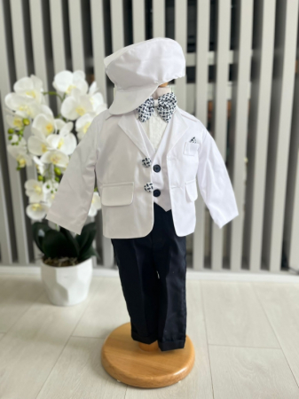 Baieti - Costum botez stofa subtire, camasa, sepcuta,  papion, culoare, alb 0-3 luni,  Gabrielle Bebe, GBR46/100