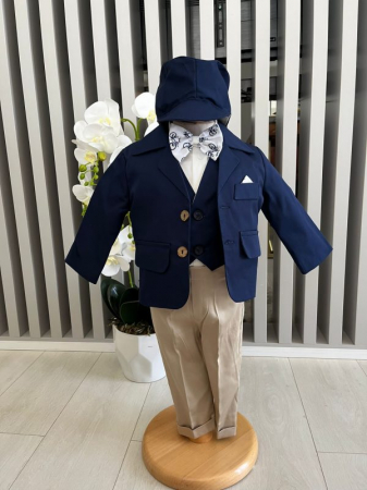 Baieti - Costum botez stofa subtire, camasa,  sepcuta,  papion, culoare bleaumarin 0-3 luni,  Gabrielle Bebe, GBR56/100