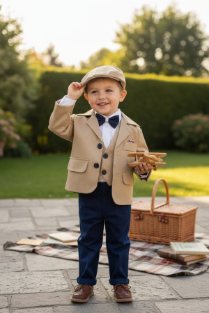 Baieti - Costum botez stofa subtire, camasa,  sepcuta,  papion, culoare crem 0-3 luni,  Gabrielle Bebe, GBR81/100