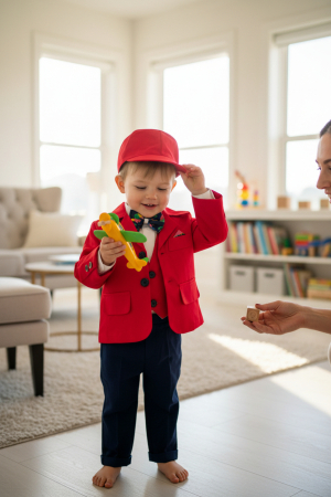 Baieti - Costum botez stofa subtire, camasa,  sepcuta,  papion, culoare rosu 0-3 luni,  Gabrielle Bebe, GBR84/100