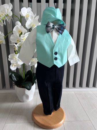 Baieti - Costum botez stofa subtire, camasa,  sepcuta,  papion, culoare turqoise 0-3 luni,  Gabrielle Bebe, GBR90/100