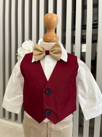 Costum botez stofa subtire, camasa,  sepcuta,  papion, culoare visiniu 0-3 luni,  Gabrielle Bebe, GBR100/100 [1]
