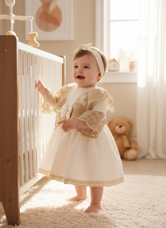 Produse - Rochita botez Barbie cu dantela brodata, cu bentita, culoare ivoire  0-4 luni, Gabrielle Bebe, GBR07/100