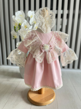 Produse - Rochita botez Barbie cu dantela brodata, cu bentita, culoare roz 0-4 luni, Gabrielle Bebe, GBR01/100