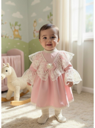 Produse - Rochita botez Barbie cu dantela brodata, cu bentita, culoare roz 0-4 luni, Gabrielle Bebe, GBR01/100