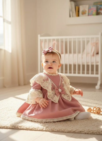 Produse - Rochita botez Barbie cu dantela brodata, cu bentita, culoare roz praf 0-4 luni, Gabrielle Bebe, GBR04/100