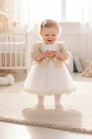 Produse - Rochita botez Tutu cu dantela brodata, cu bentita, culoare ivoire 0-4 luni, Gabrielle Bebe, GBR10/100