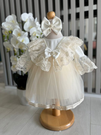 Produse - Rochita botez Tutu cu dantela brodata, cu bentita, culoare ivoire 0-4 luni, Gabrielle Bebe, GBR10/100