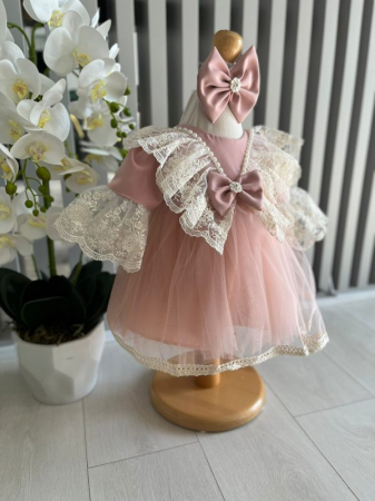 Produse - Rochita botez Tutu cu dantela brodata, cu bentita, culoare roz praf 0-4 luni, Gabrielle Bebe, GBR13/100