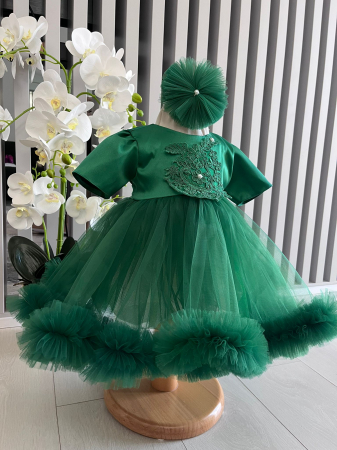Produse - Rochita Lelia cu pampon pe volan, cu bentita tip pampon, culoare verde 0-4 luni, Gabrielle Bebe, GBR22/100