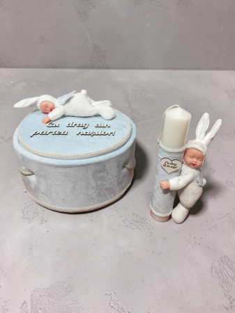 Seturi Botez - Set Botez Complet Cutie Trusou Lumanare Bleu