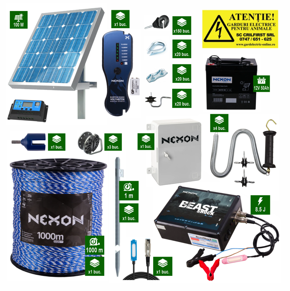 NEXON BeastShock Industrial 8.5J – Sistem profesional de gard electric cu panou solar 100W și acumulator 12V 50Ah [1]