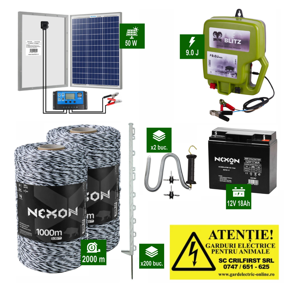 Pachet complet gard electric DALTOR 9J cu Fir 2000m 120Kg panou solar 50W și acumulator 18Ah și stâlpișori plastic [1]