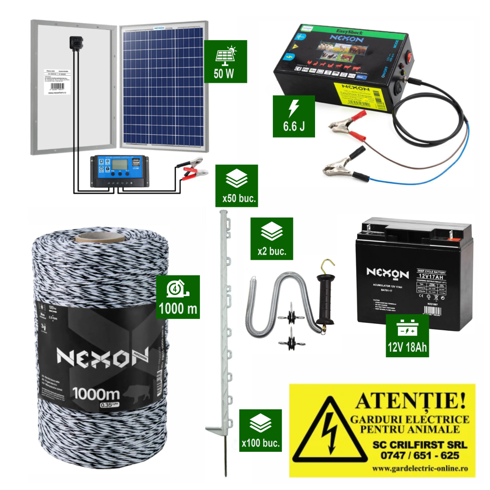 Pachet complet gard electric NEXON 6.6J – sistem autonom cu panou solar 50W și acumulator 18Ah și stâlpișori plastic [1]