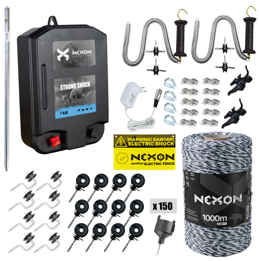Pachet complet gard electric NEXON StrongShock 4.4J 12V/230V, fir 1000m cu rezistență 120kg [1]