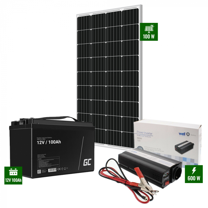 Pachet cu Panou solar 100W + acumulator 100Ah + Invertor 600W [1]
