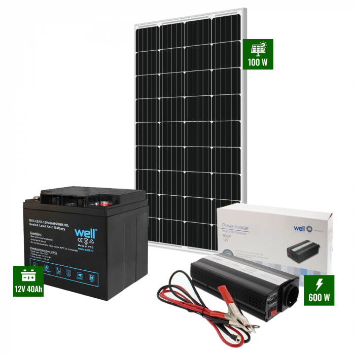 Pachet cu Panou solar 100W + acumulator 45Ah + Invertor 600W [1]