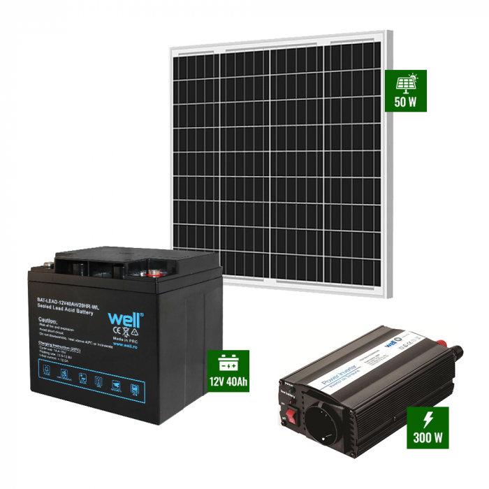 Pachet cu Panou solar 50W + acumulator 40Ah + Invertor 300W [1]