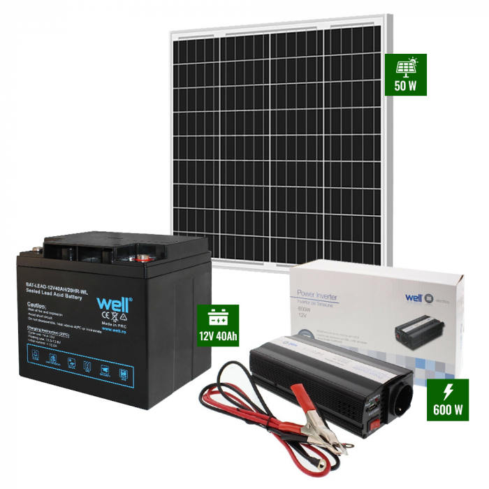 Pachet cu Panou solar 50W + acumulator 40Ah + Invertor 600W [1]
