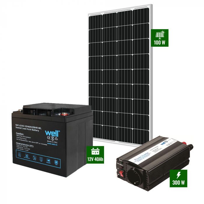 Pachet cu Panou solar 100W + acumulator 40Ah + Invertor 300W [1]