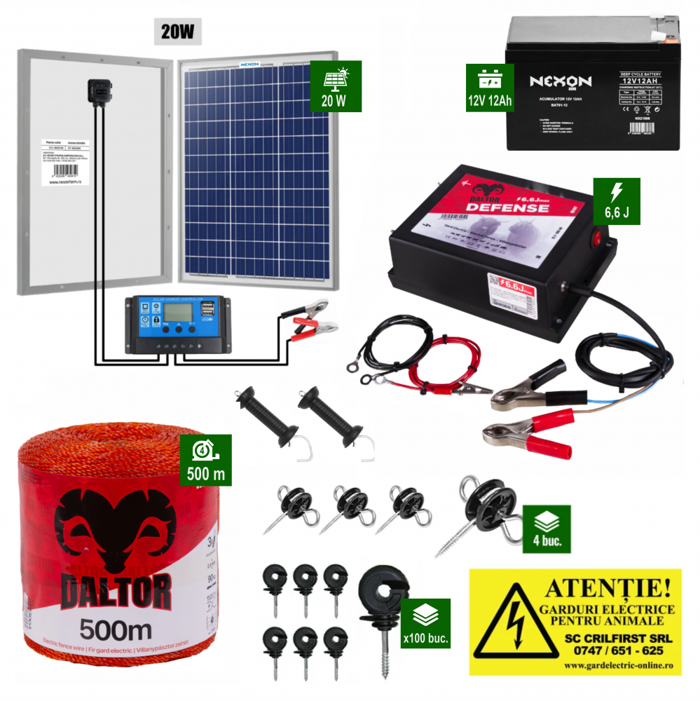 Pachet Daltor 6,6J + 500m fir Daltor + Pan 20w + Acumulator/Baterie 12ah [1]