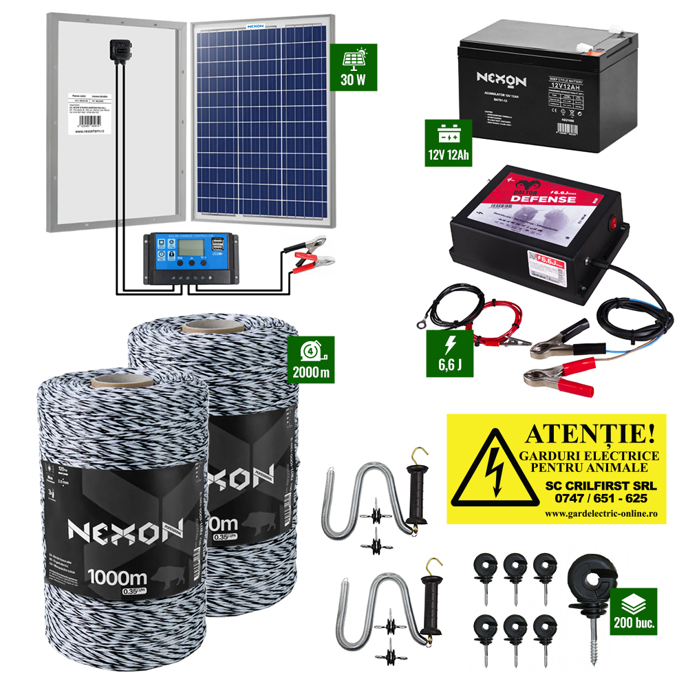 Pachet Daltor 6,6J + Fir Alb-Negru 2000m 120Kg + Panou 30W cu regulator + Acumulator 12Ah [1]