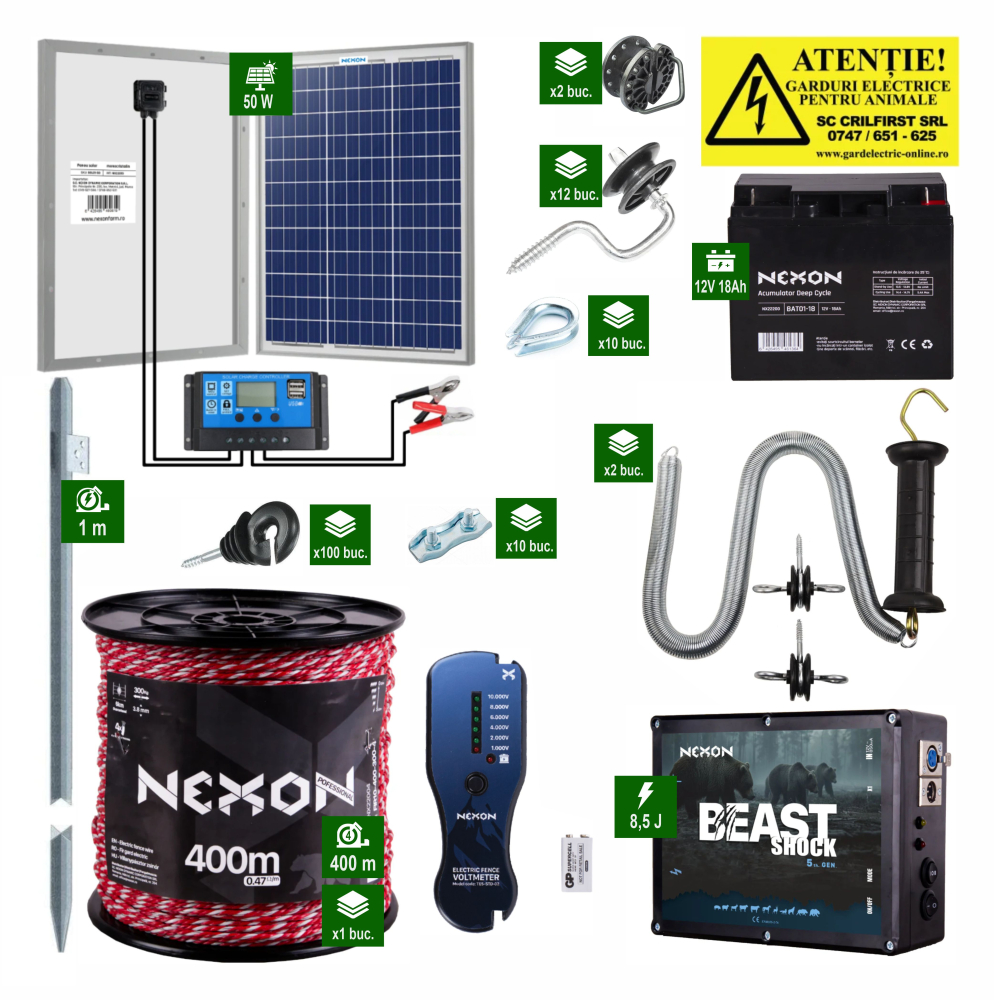 Pachet Gard complet electric Nexon BeastShock 8,5J + 400m Frânghie 300Kg + Pan 50w + Acumulator/Baterie 18Ah [1]