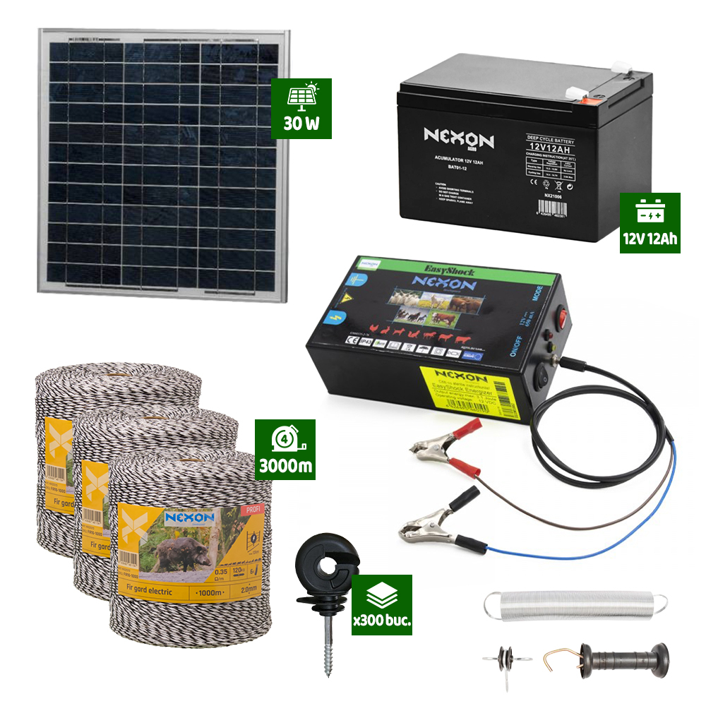 Pachet gard electric cu Panou solar 3,1J putere cu 3000m Fir 130Kg cu acumulator 12Ah [1]