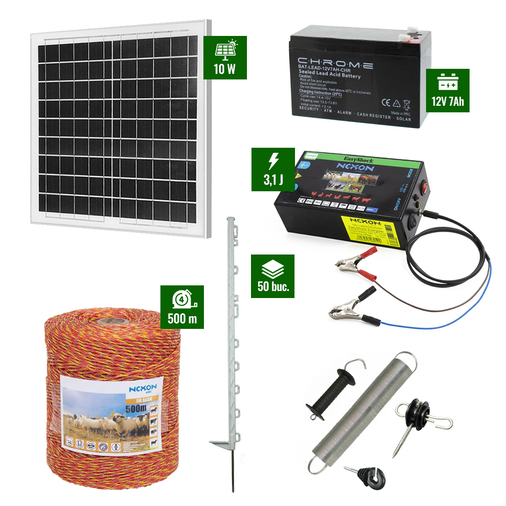 Pachet gard electric cu Panou solar 3,1J putere și 500m Fir 90Kg și cu stâlpișori plastic [1]