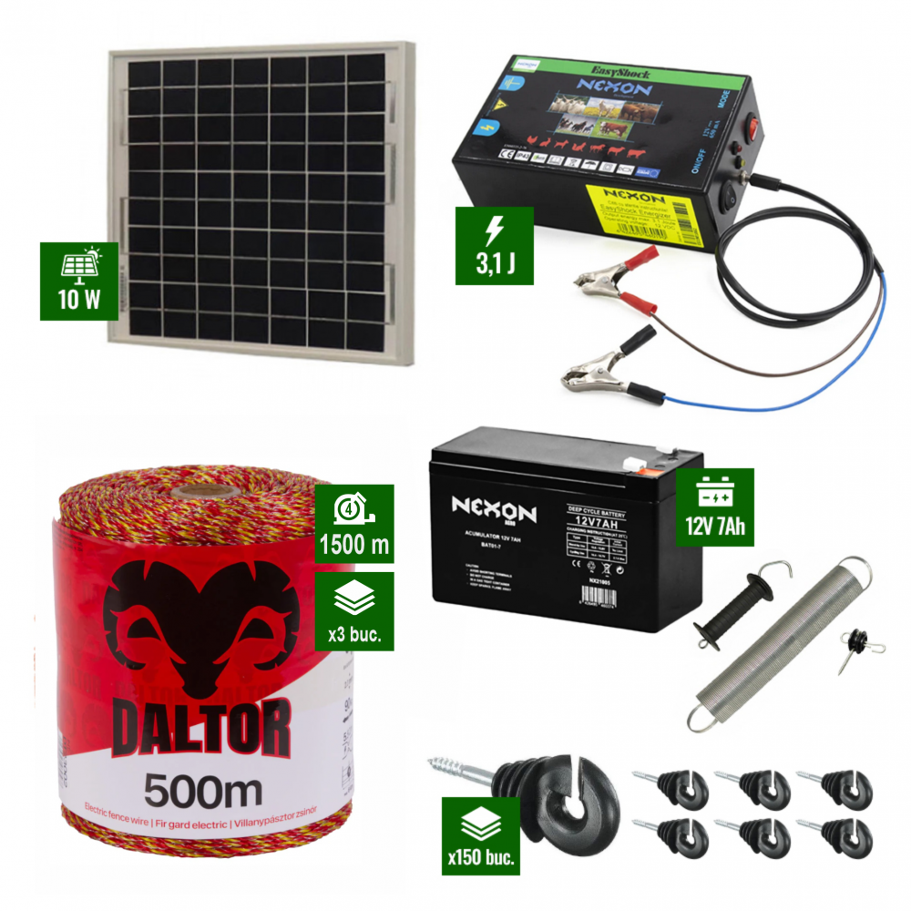 Pachet gard electric cu Panou solar 3,1J putere și 1500m Fir 90Kg cu acumulator [1]