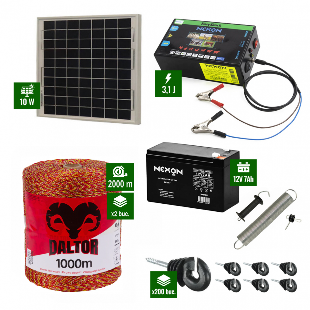 Pachet gard electric cu Panou solar 3,1J putere și 2000m Fir 90Kg cu acumulator [1]
