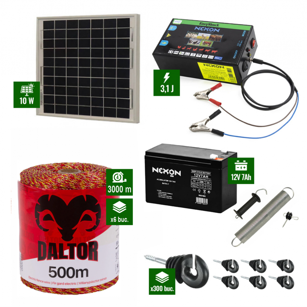Pachet gard electric cu Panou solar 3,1J putere și 3000m Fir 90Kg cu acumulator [1]
