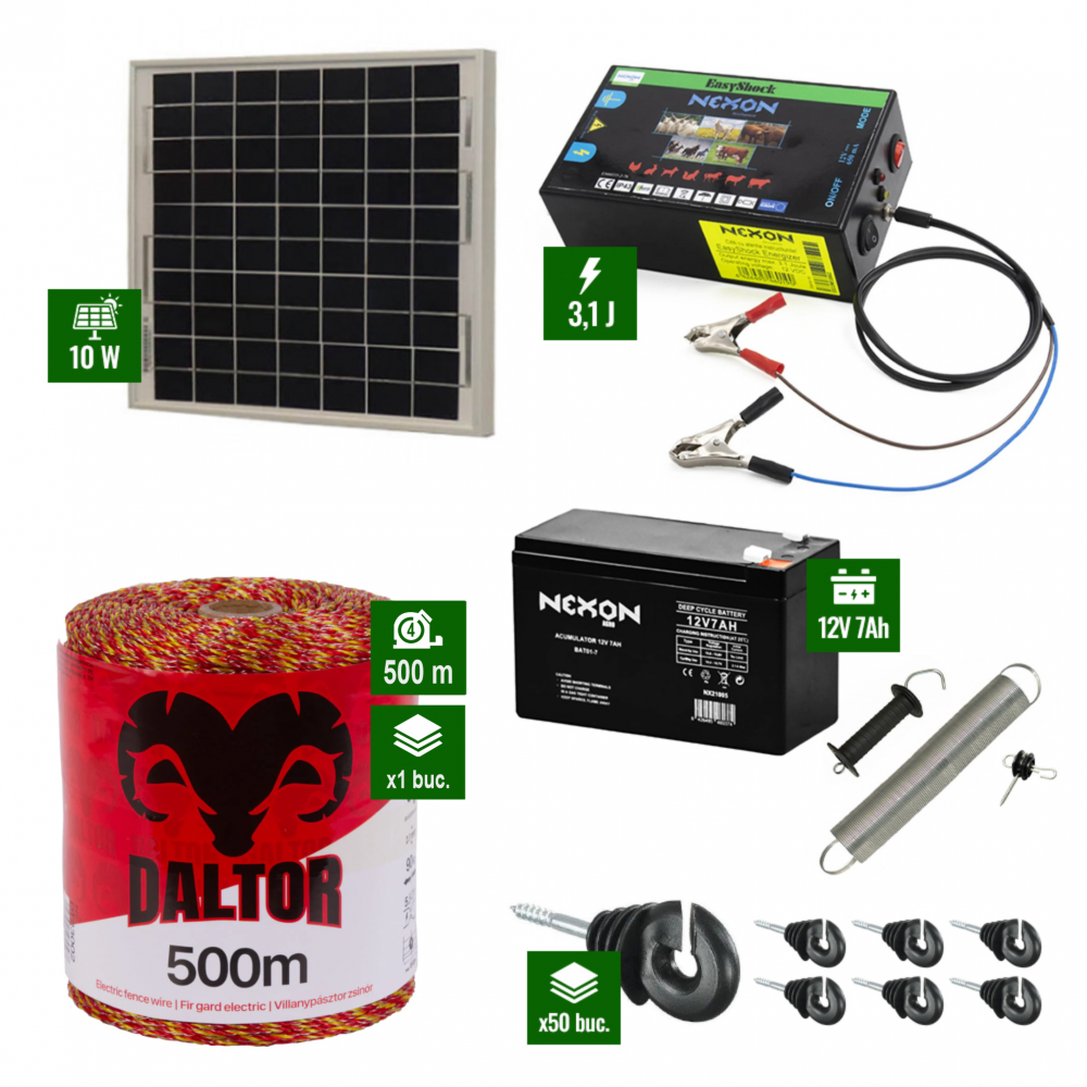 Pachet gard electric cu Panou solar 3,1J putere și 500m Fir 90Kg cu acumulator [1]