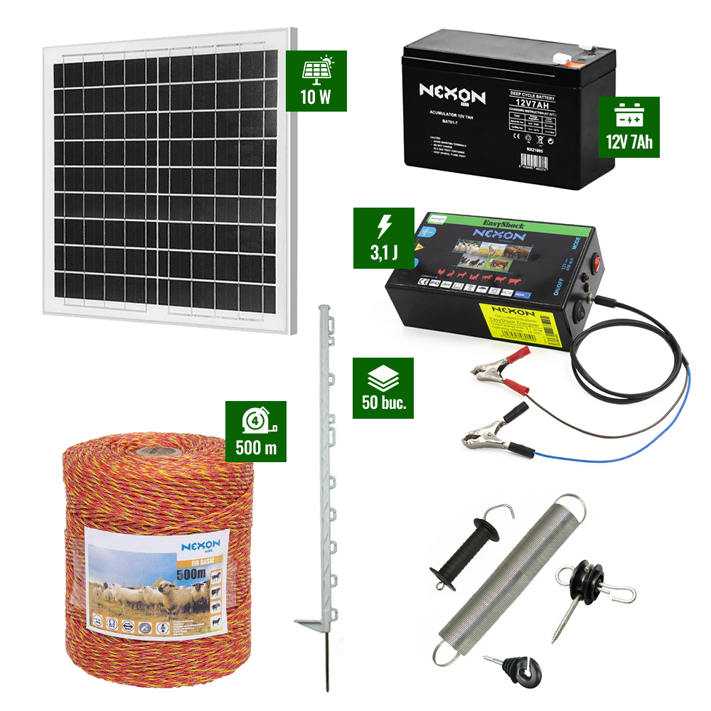 Pachet gard electric cu Panou solar 3,1J putere și 500m Fir 90Kg și cu stâlpișori plastic [1]