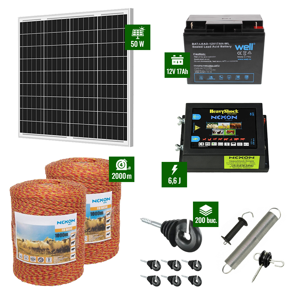 Pachet gard electric cu pulsator 6,6J putere și 2000m Fir 90Kg plus Panou solar 50W și acumulator 17Ah [1]