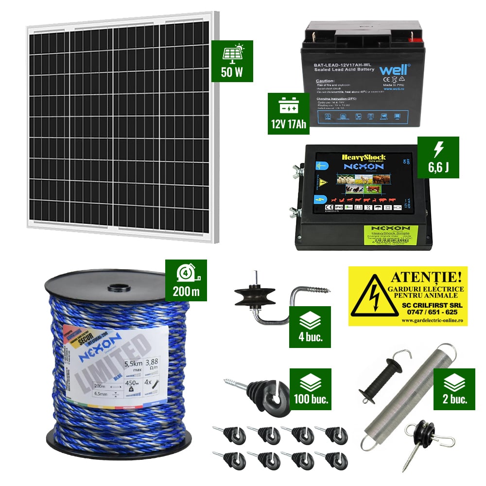 Pachet gard electric cu Pulsator 6,6J putere și Frânghie 200m 450Kg plus Panou solar 50W și acumulator 17Ah [1]