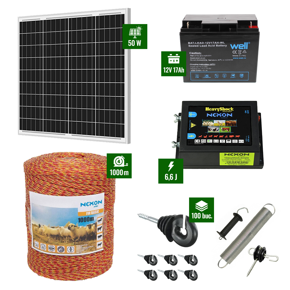Pachet gard electric cu pulsator 6,6J putere și 1000m Fir 90Kg plus Panou solar 50W și acumulator 17Ah [1]