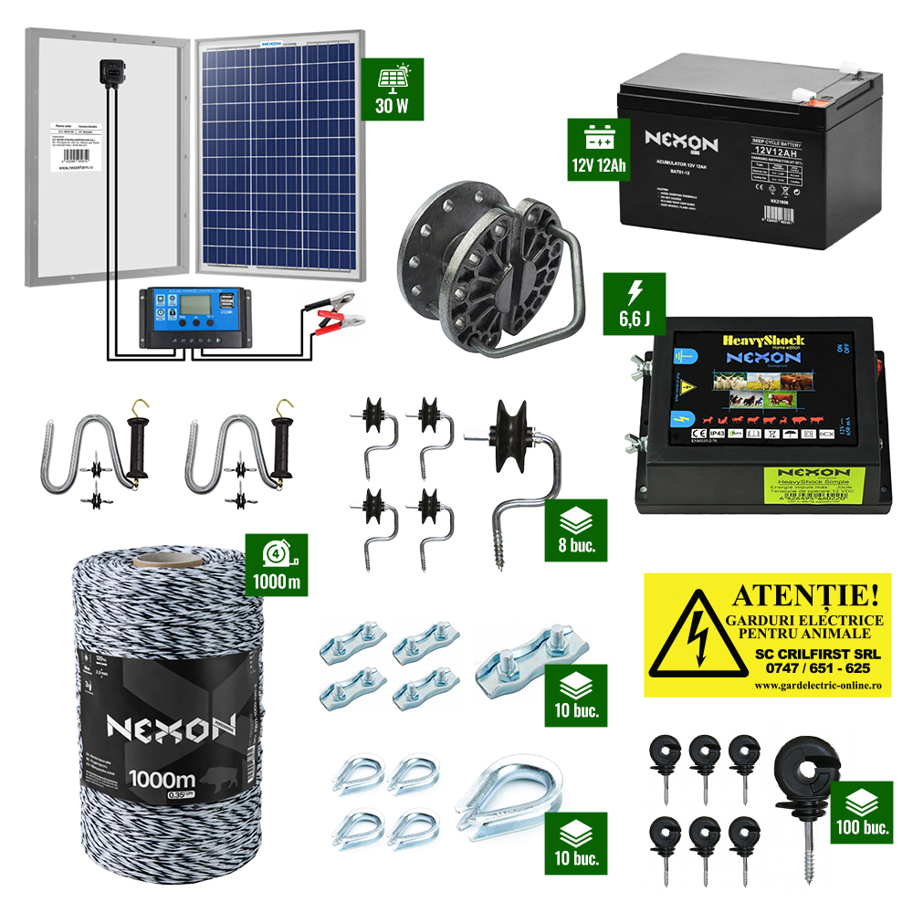 Pachet gard electric cu Pulsator 6,6J putere și Fir 1000m 120Kg plus Panou solar 30W și acumulator 12Ah [1]