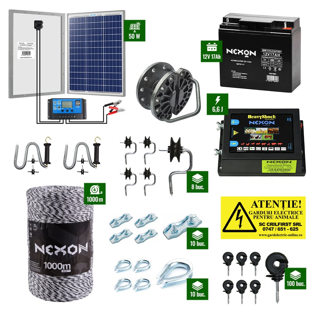 Pachet gard electric cu Pulsator 6,6J putere și Fir 1000m 130Kg plus Panou solar 50W și acumulator 17Ah [1]