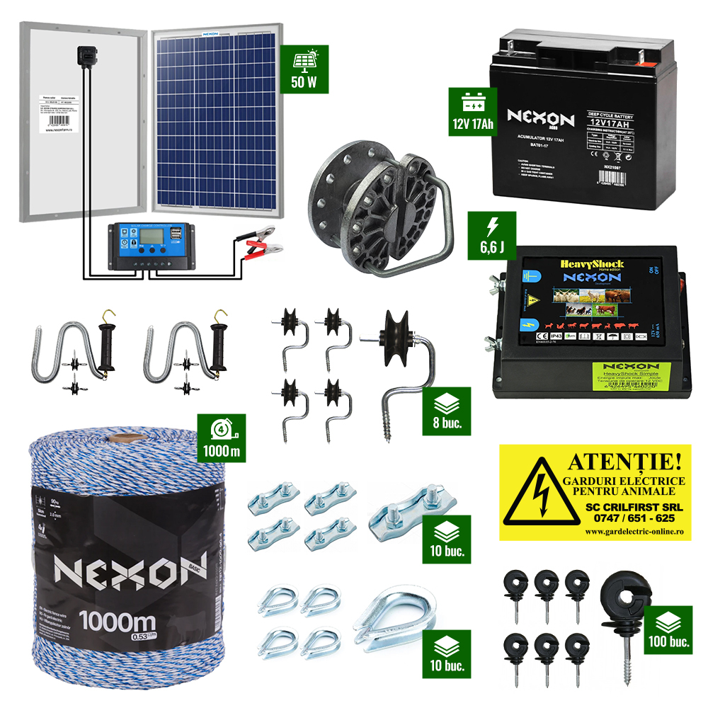 Pachet gard electric cu Pulsator 6,6J putere și Fir 1000m 90Kg plus Panou solar 50W și acumulator 17Ah [1]