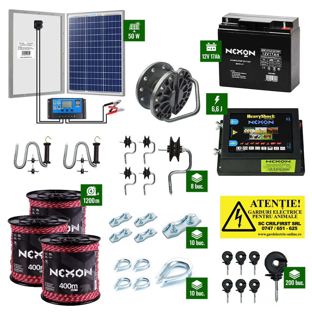 Pachet gard electric cu Pulsator 6,6J putere și Fir 1200m 300Kg plus Panou solar 50W și acumulator 17Ah [1]